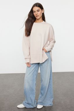 Trendyol Stone Oversize/Wide Cut Slit Crew Neck Soft Touch Knitted Sweatshirt