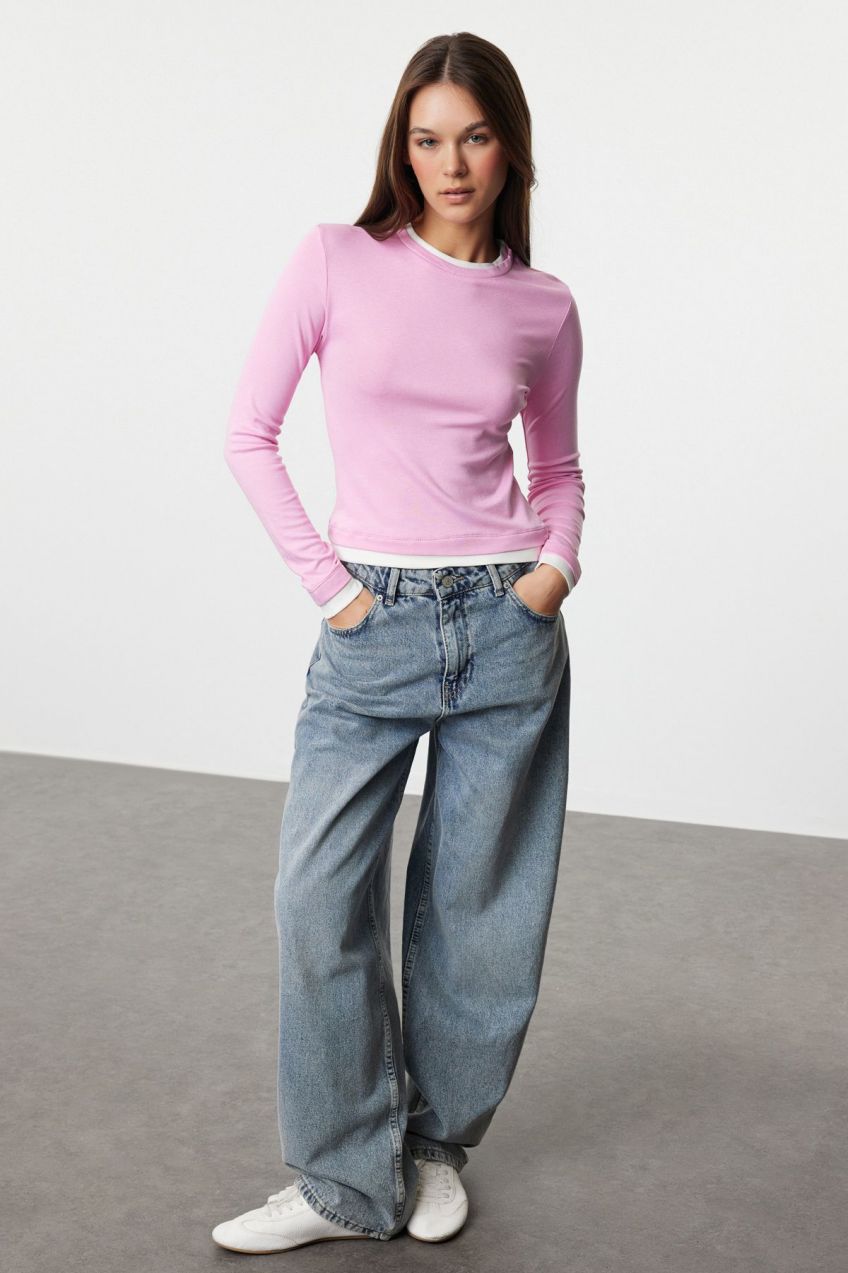 Trendyol Pink Color Block Fitted Viscose/Soft Fabric Stretchy Knitted Blouse