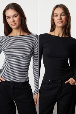 Trendyol Black Plain and Striped Fitted, Low-cut Back, Ribbed, Stretchy Knitted Blouse