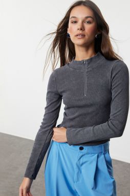 Trendyol Anthracite Washed Fitted Zipper Collar Ribbed Stretchy Knitted Blouse