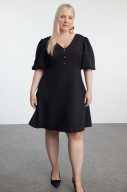 Trendyol Curve Black V Neck Balloon Sleeve Mini A-Line Woven Plus Size Dress