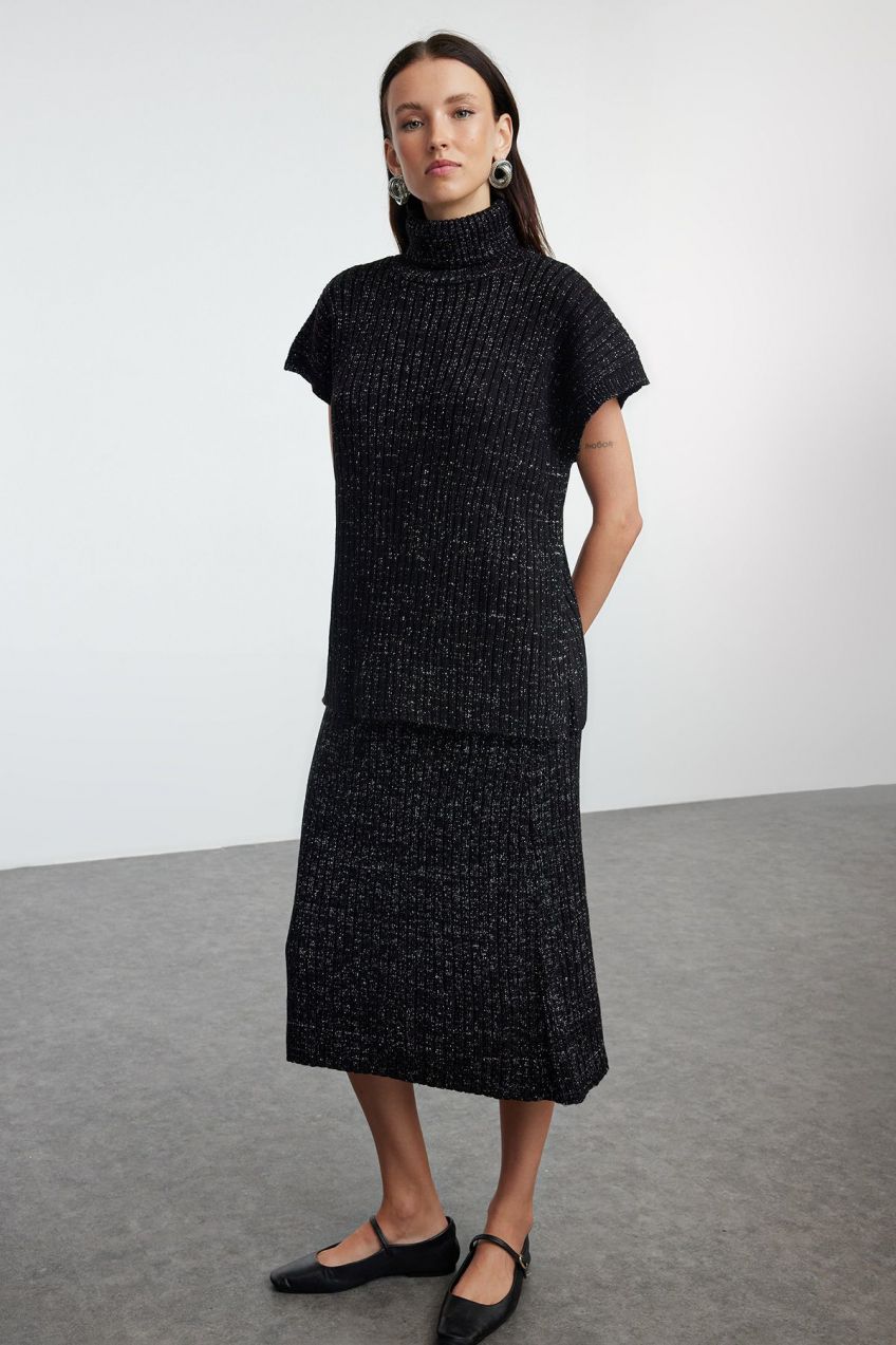 Trendyol Black Oversize Glitter Skirt Knitwear Bottom-Top Set