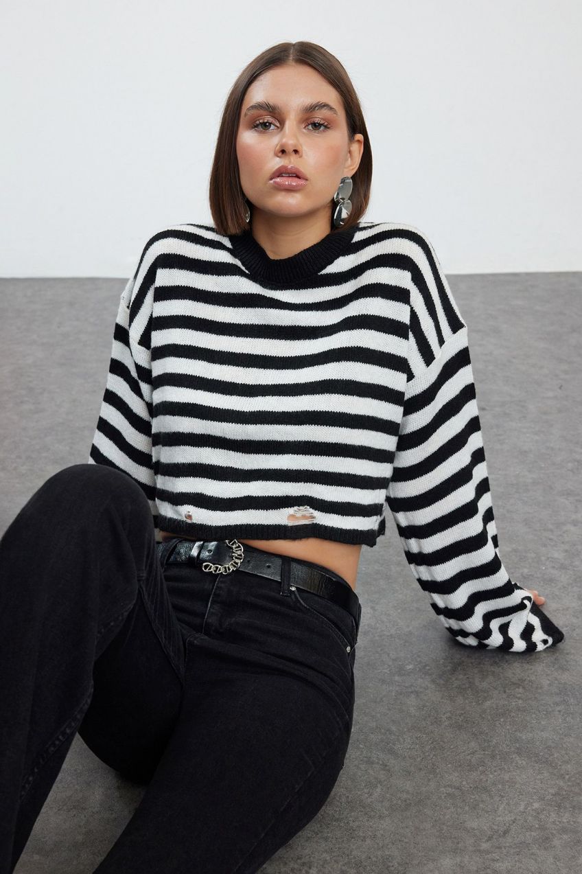 Trendyol Black Crew Neck Crop Knit Sweater
