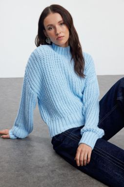 Trendyol Blue Crop Soft Textured Basic Thick Knit Detailed Knitwear Sweater