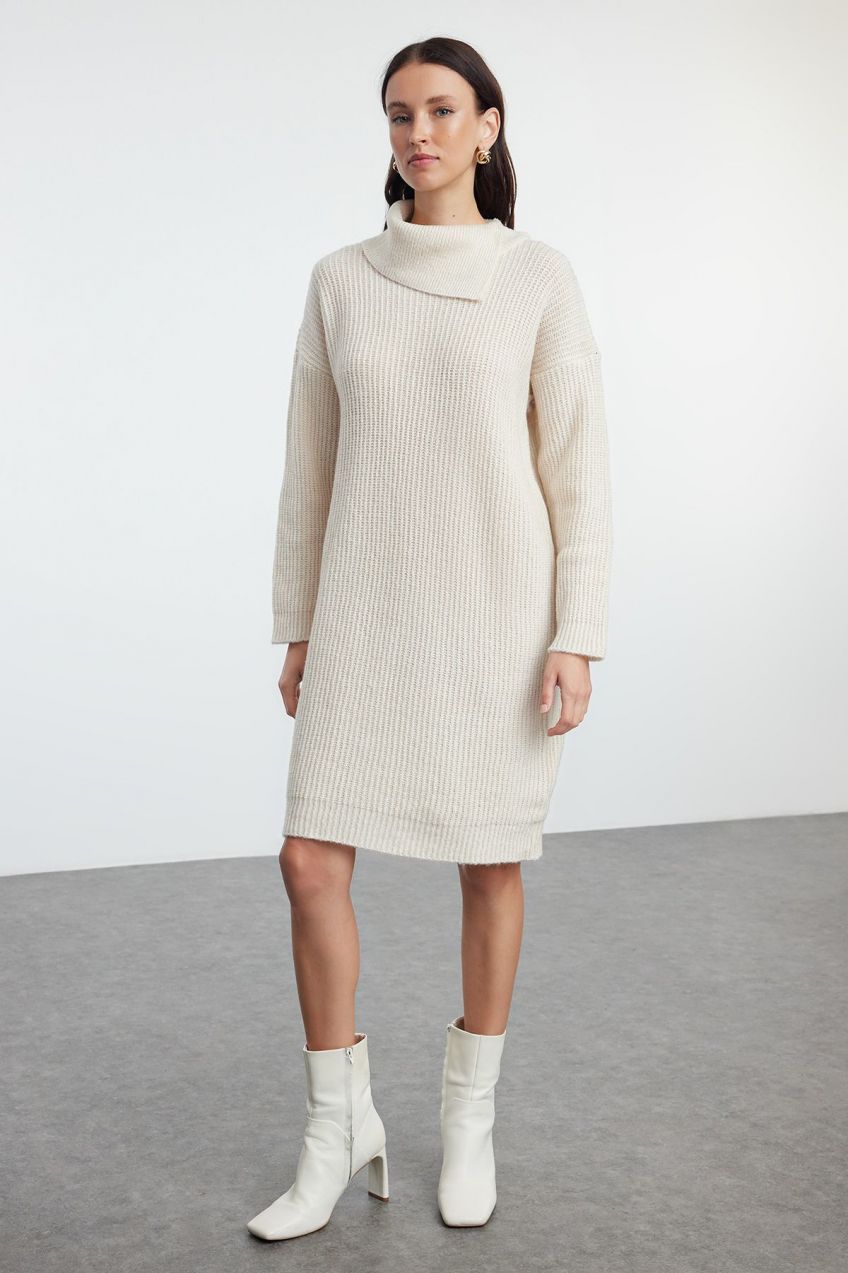 Trendyol Stone Mini Length Knitwear Soft Textured Turn-down Collar Dress