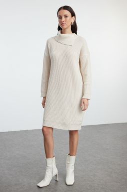 Trendyol Stone Mini Length Knitwear Soft Textured Turn-down Collar Dress
