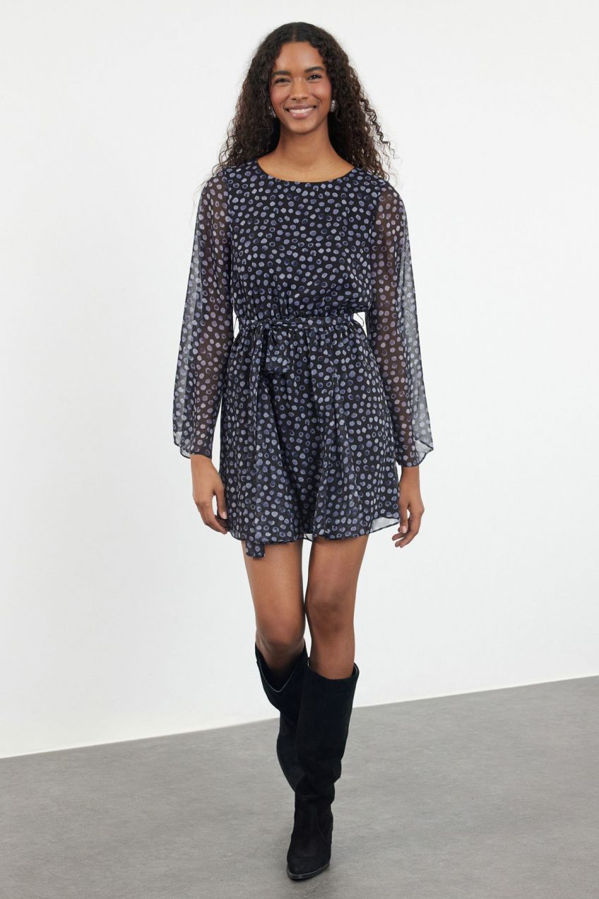 Trendyol Black Polka Dot Patterned Mini Lined Woven Chiffon Dress with Open Waist Skirt