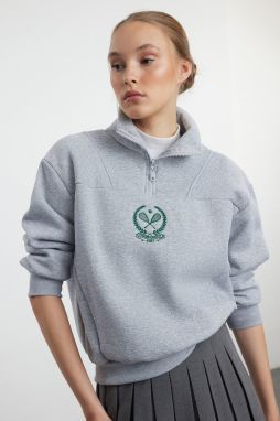 Trendyol Grey Melange Embroidered Regular Fit Thick Polar Fleece Zippered Collar Knitted Sweatshirt