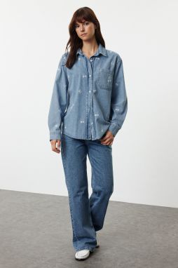 Trendyol Light Blue Floral Embroidered Denim Shirt