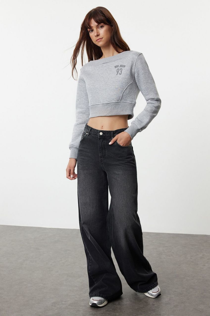 Trendyol Gray Boat Neck Crop Regular/Normal Fit Knitted Sweatshirt