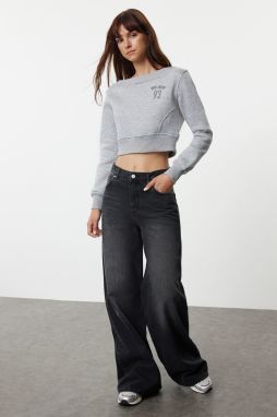 Trendyol Gray Boat Neck Crop Regular/Normal Fit Knitted Sweatshirt