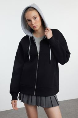 Trendyol Black Color Blocked Oversize/Wide Fit Hooded Zippered Knitted Sweatshirt