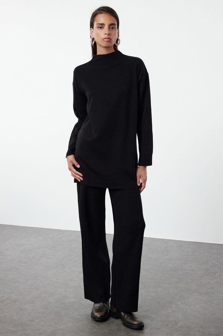 Trendyol Black Ribbed Knitted Sweater Bottom-Top Set