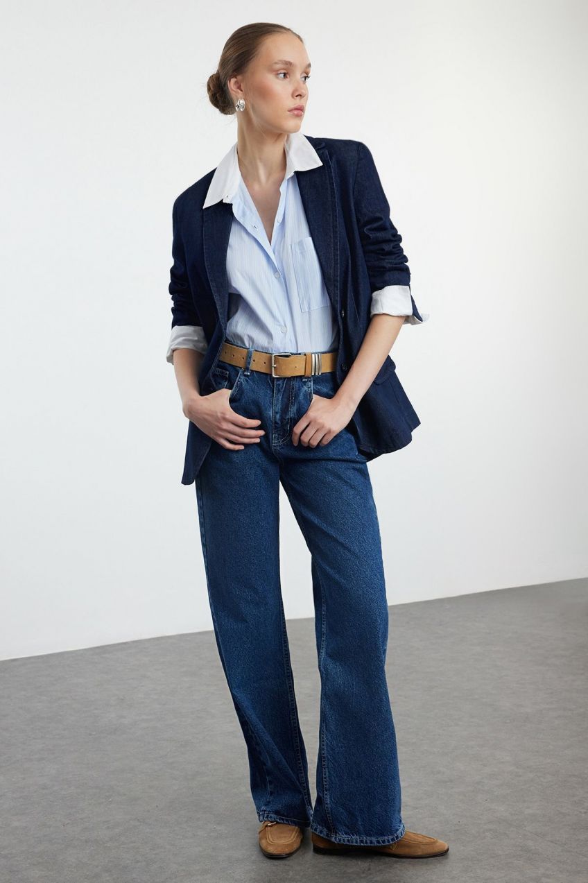 Trendyol Dark Blue High Waist Wide Leg Jeans