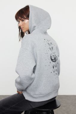 Trendyol Gray Melange Printed Oversize Hooded Thick Fleece Knitted Sweatshirt