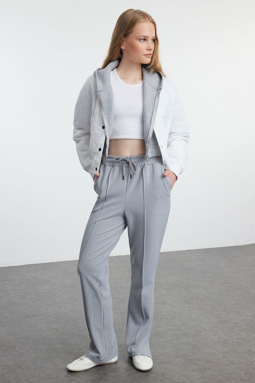 Trendyol Gray Ribbed Elastic Waist Straight Cut Trousers