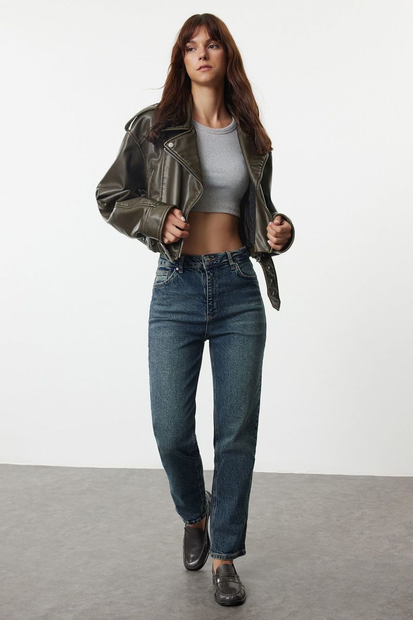 Trendyol Dark Blue High Waist Straight Jeans