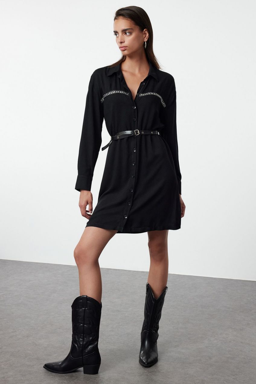 Trendyol Black Belted Troc Detailed Mini Woven Shirt Dress