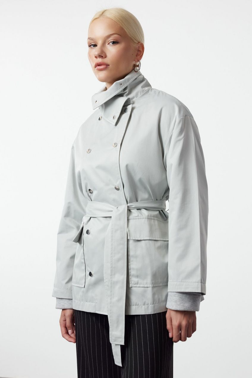 Trendyol Grey Closure Detailed Regular Midi Trench Coat