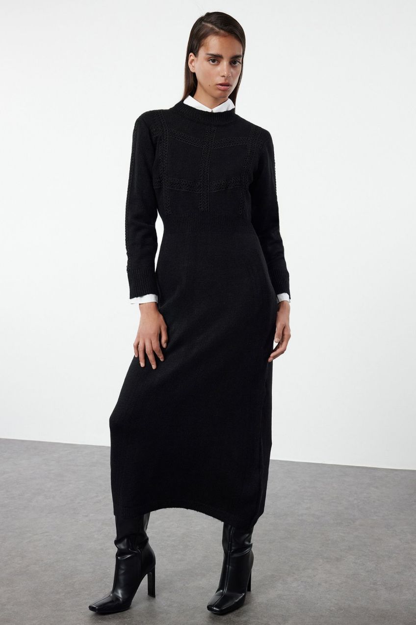 Trendyol Black Lace Detailed Soft Textured Knitwear Dress
