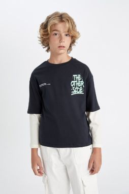 DEFACTO Boy's Crew Neck Printed Long Sleeve T-Shirt