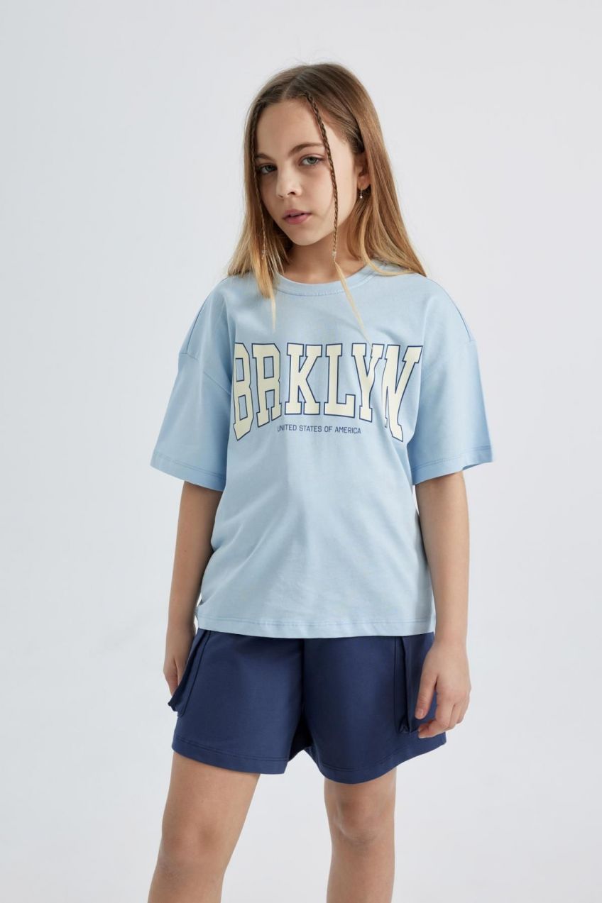 DEFACTO Girl's Relax Fit Printed Short Sleeve T-Shirt