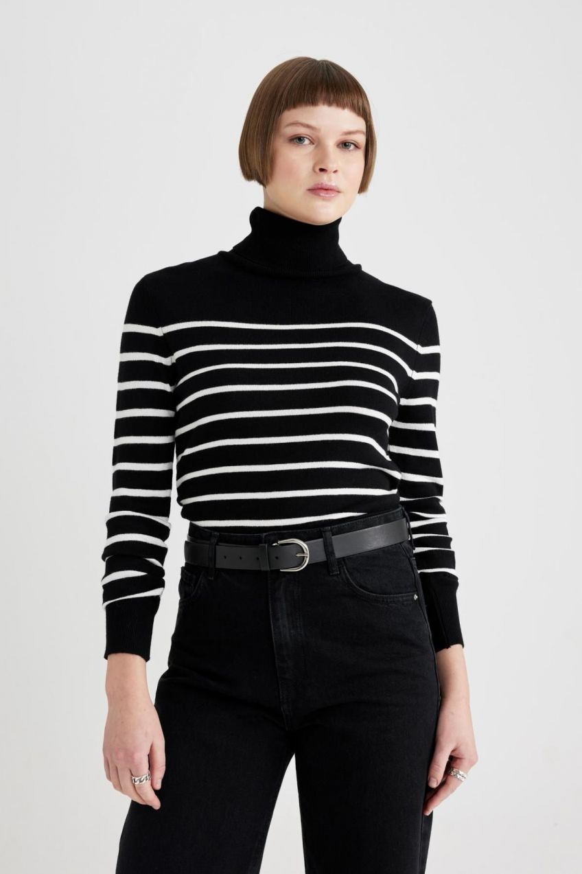 DEFACTO Regular Fit Striped Turtleneck Sweater