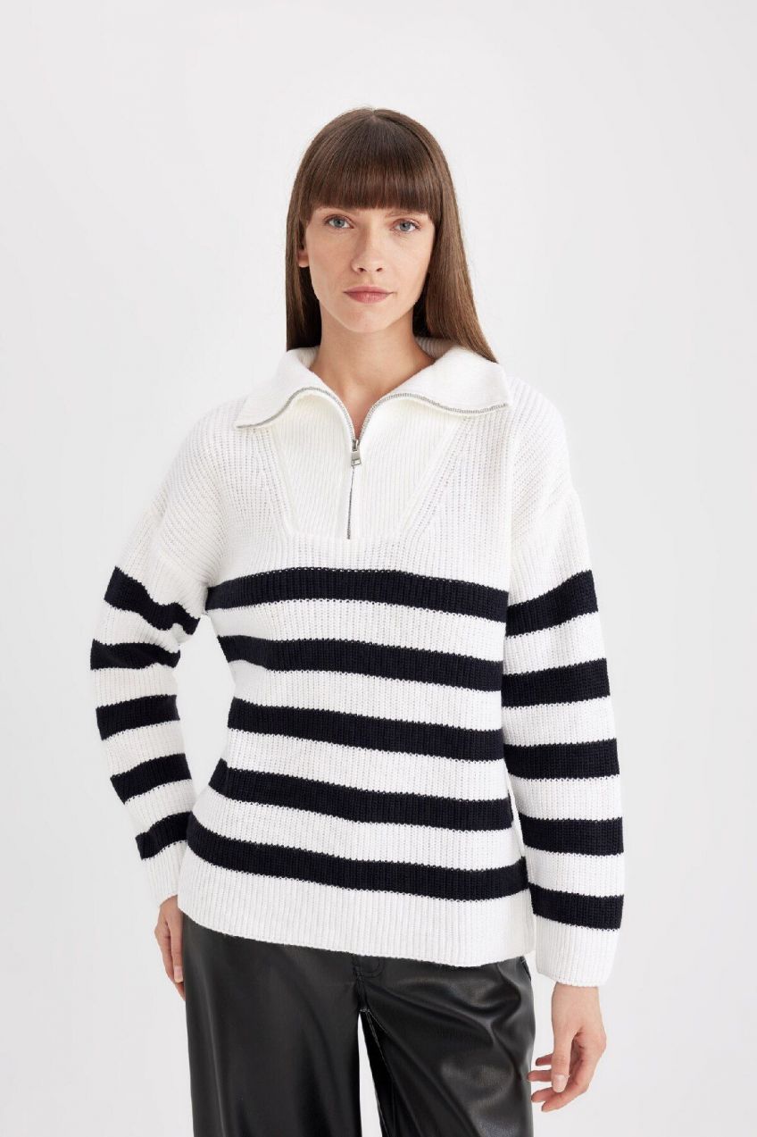 DEFACTO Relax Fit Striped Half Zipper Thessaloniki Fabric Sweater