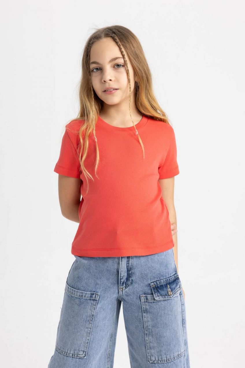 DEFACTO Girls Slim Fit Rib Short Sleeve T-Shirt