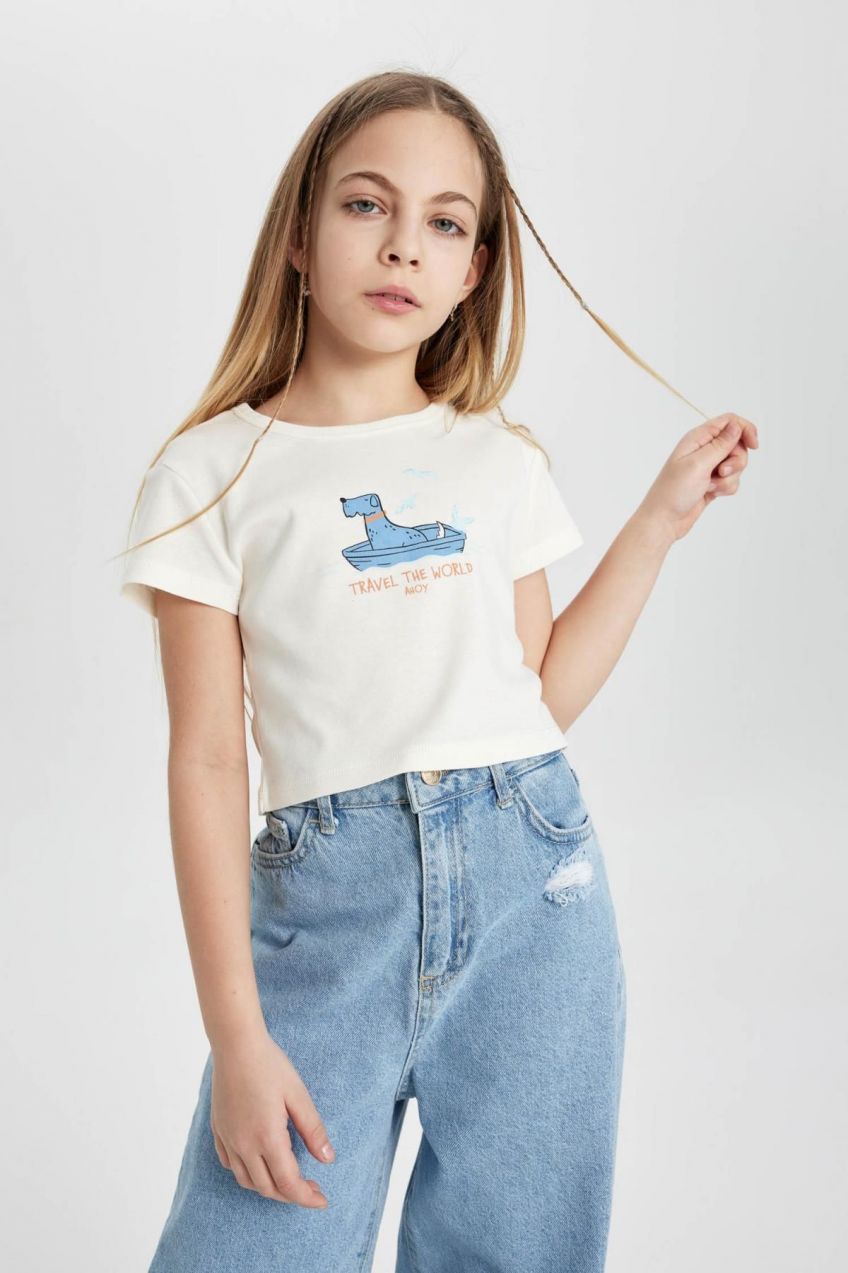 DEFACTO Girls Rib Printed Short Sleeve T-Shirt