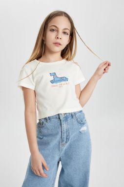 DEFACTO Girls Rib Printed Short Sleeve T-Shirt