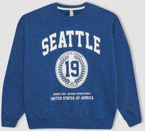 DEFACTO Girl's Oversize Fit Crew Neck Printed Sweatshirt