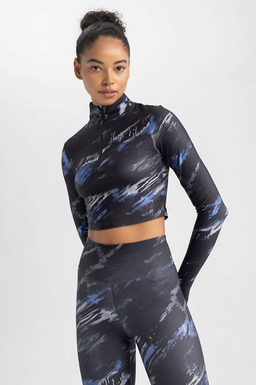 DEFACTO Fit Crop Sheer Digital Printed Patterned Long Sleeve T-Shirt