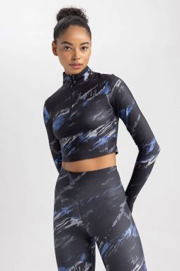 DEFACTO Fit Crop Sheer Digital Printed Patterned Long Sleeve T-Shirt