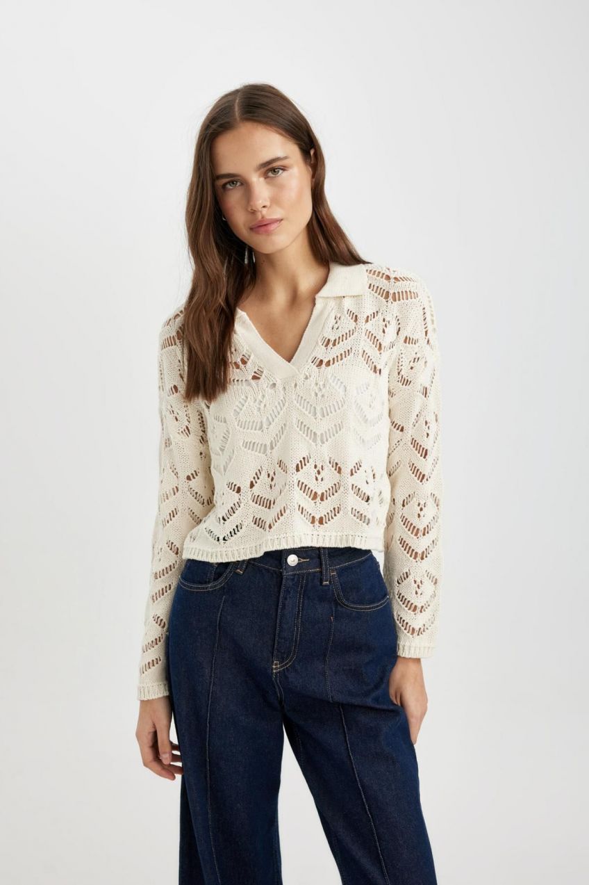 DEFACTO Relax Fit Polo Neck Crochet Sweater