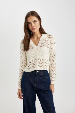DEFACTO Relax Fit Polo Neck Crochet Sweater