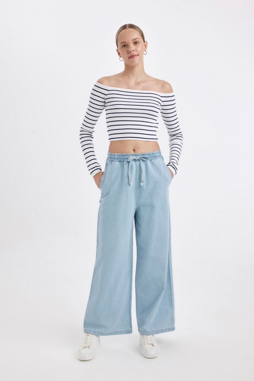 DEFACTO Culotte High Waist Long Soft Jean Washed Trousers