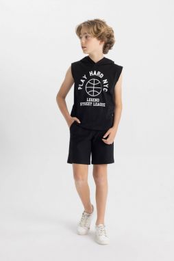 DEFACTO Boy's Printed Sleeveless Hooded T-Shirt Shorts 2-Piece Set