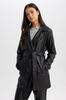 DEFACTO Water Repellent Belted Faux Leather Trench Coat