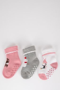 DEFACTO Baby Girl Christmas Themed Non-Slip Sole 3-Piece Cotton Long Socks