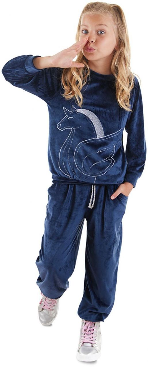 Denokids Navy Blue Velvet Unicorn Girl's Tracksuit Set