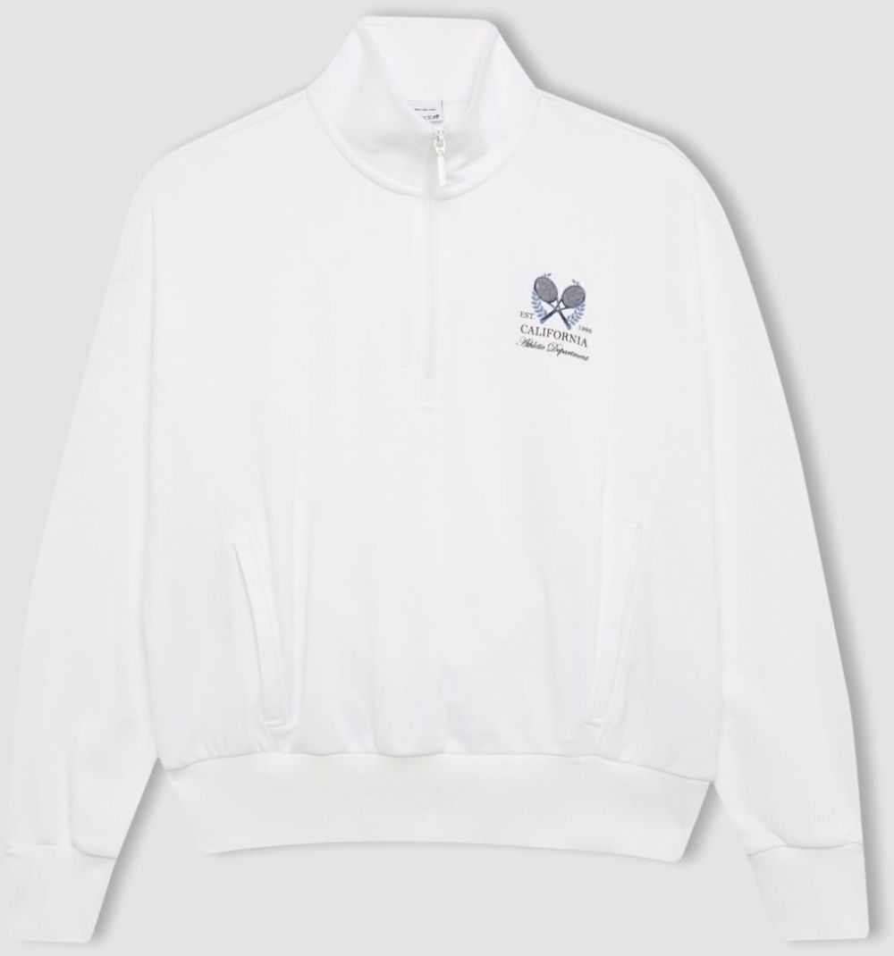 DEFACTO Fit Oversize Fit Printed Stand Collar Zippered Sports Sweatshirt
