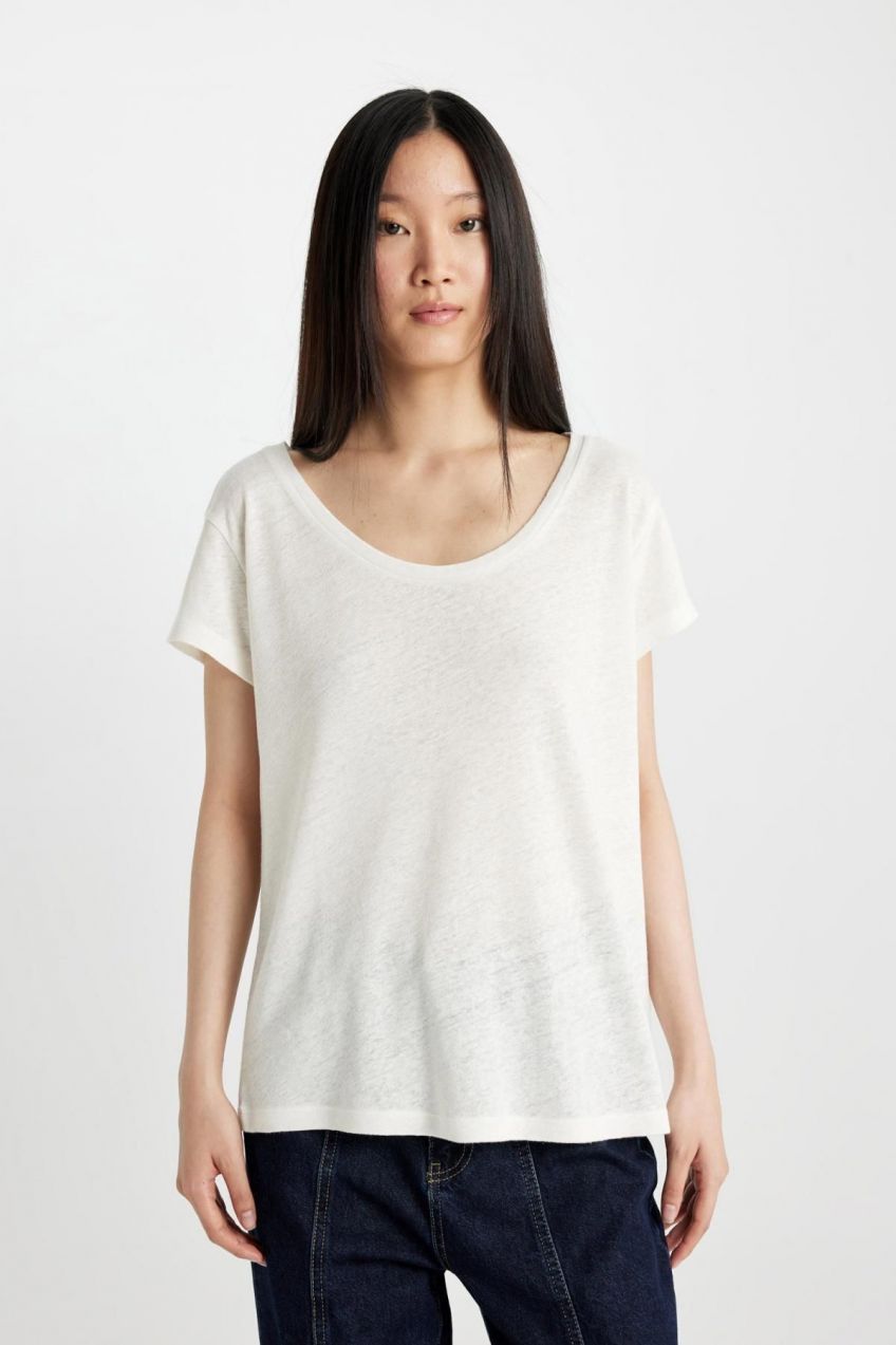 DEFACTO Regular Fit Crew Neck Linen Blend Short Sleeve T-Shirt