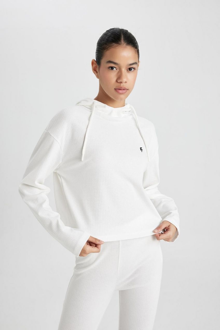 DEFACTO Fit Standard Fit Hooded Embroidered Ribbed Long Sleeve T-Shirt