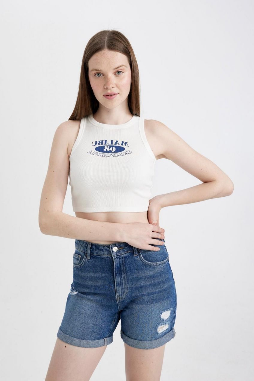 DEFACTO Fitted Printed Crew Neck Ribbed Camisole Athlete