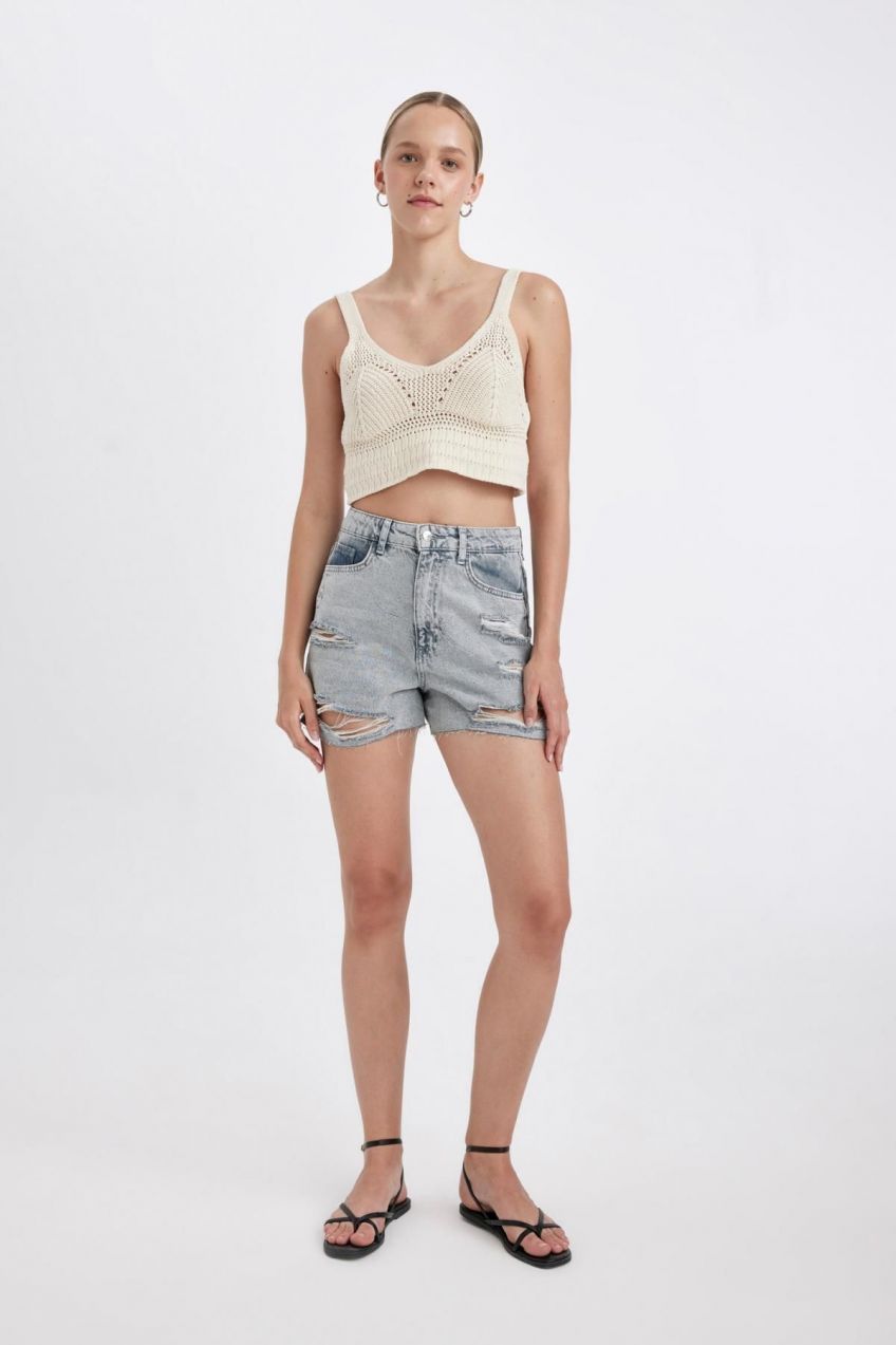 DEFACTO Mom Fit High Waist Cut-Toe Jean Shorts