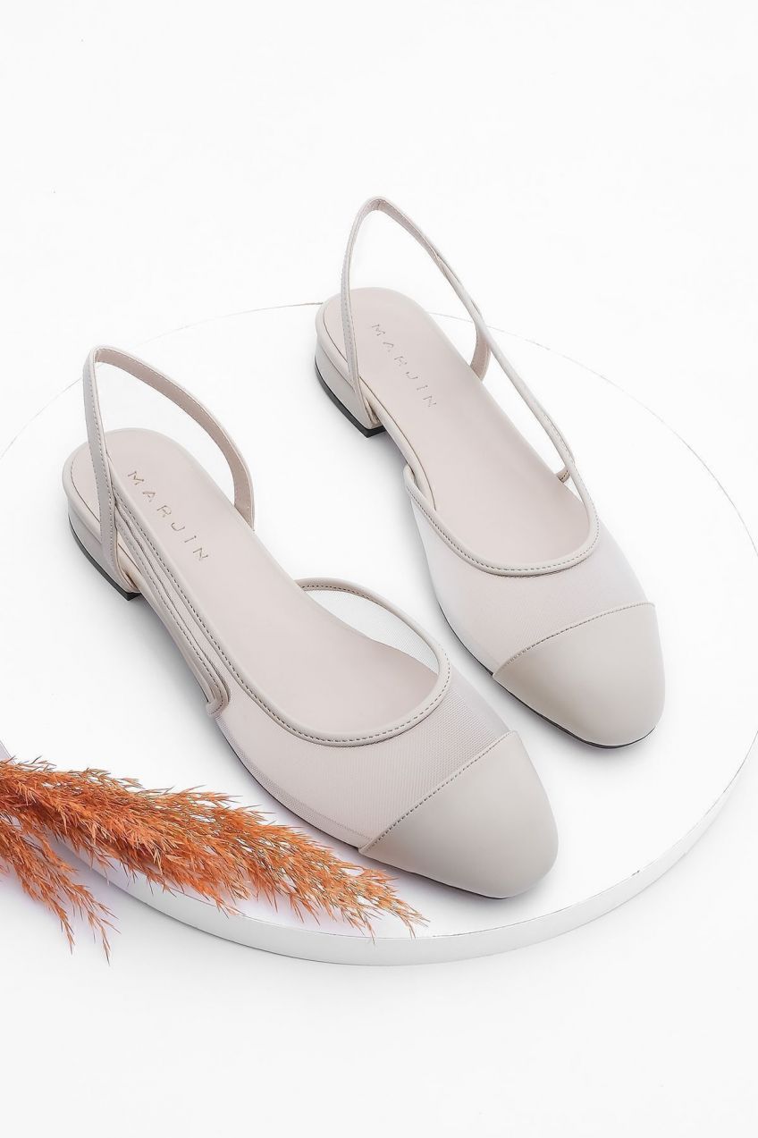 Marjin Women's Mesh Detail Open Back Scarf Ballet Flats Letsan Beige