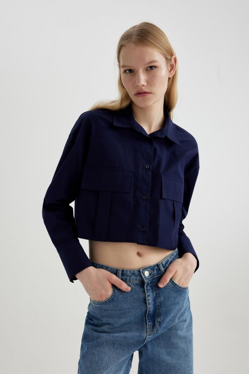 DEFACTO Crop Basic Poplin Long Sleeve Shirt