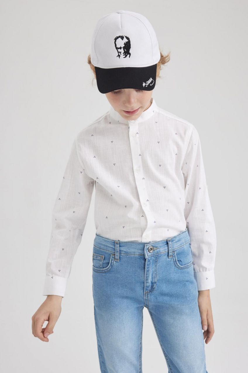 DEFACTO Boy's Linen Look Printed Long Sleeve White Shirt