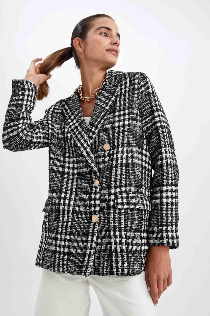 DEFACTO Oversize Fit Houndstooth Patterned Textured Tweed Blazer Jacket